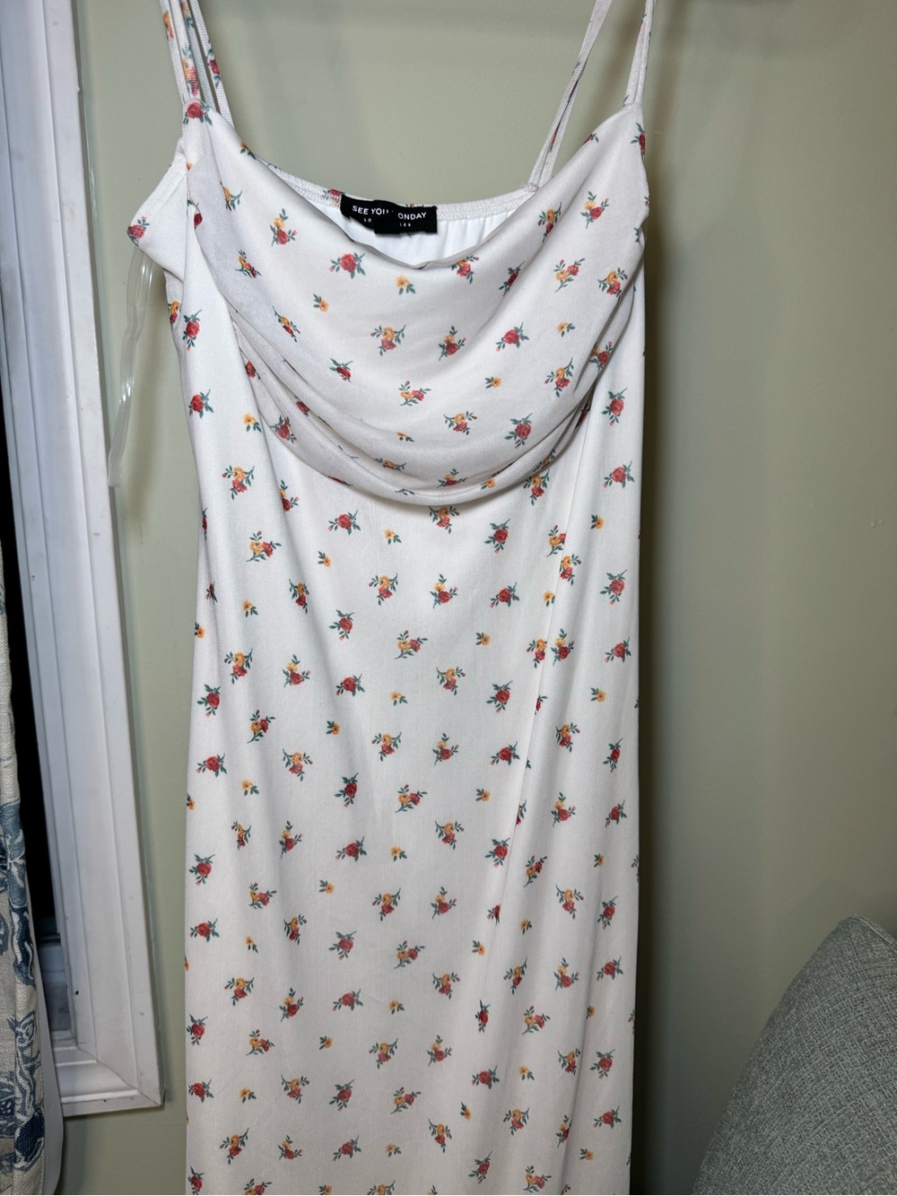 See You Monday White Floral Cowl Slip Dress with Red & Yellow Blooms